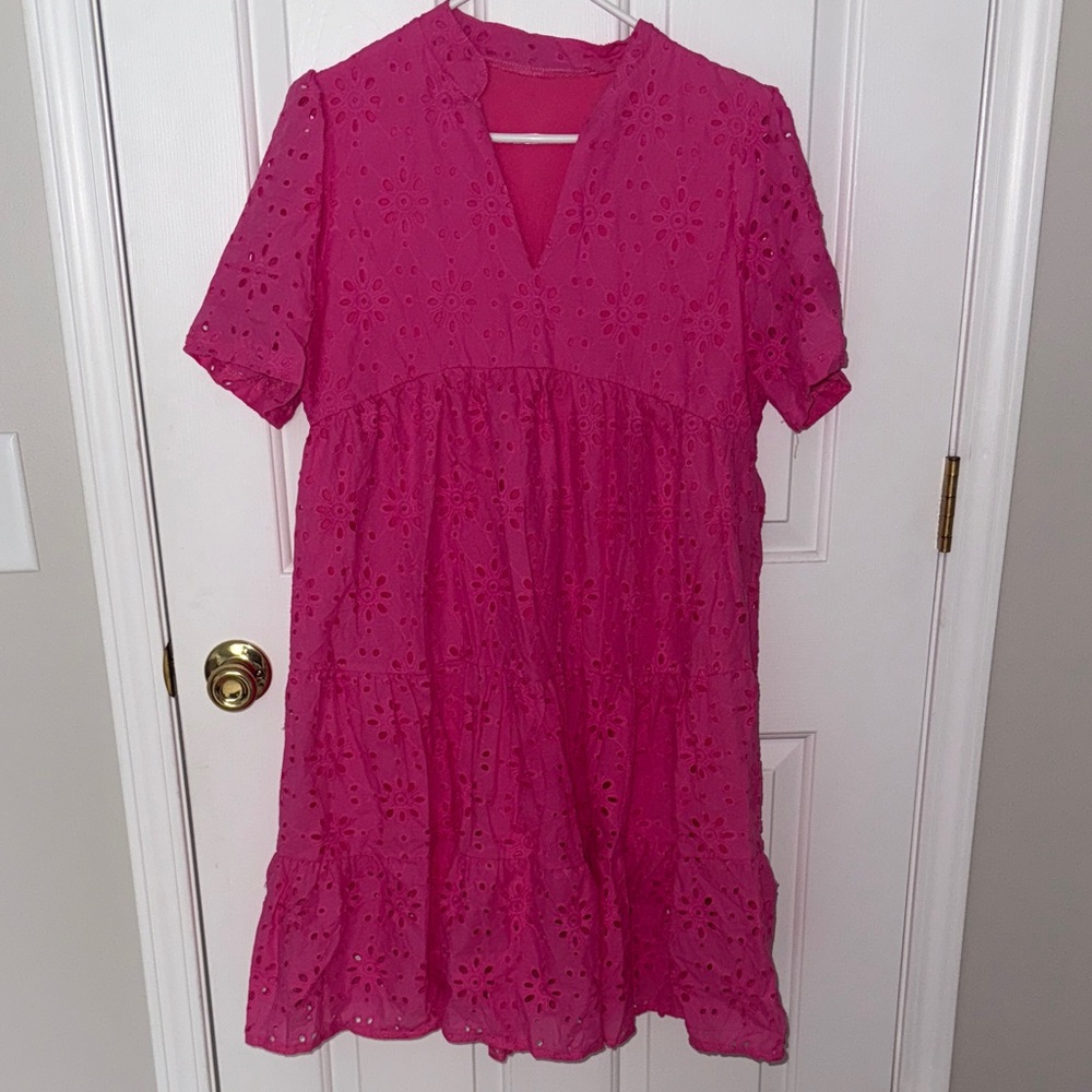 Boho Pink Eyelet Midi Dress - Picture 2 of 6